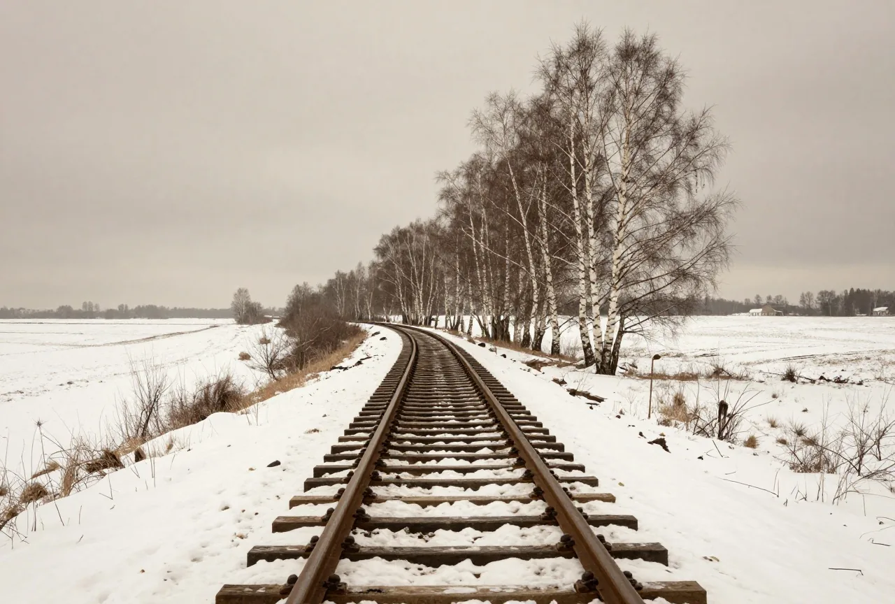 Ein leeres Bahngleis führt durch flache verschneite Felder unter grauem Winterhimmel neben kahlen Birken