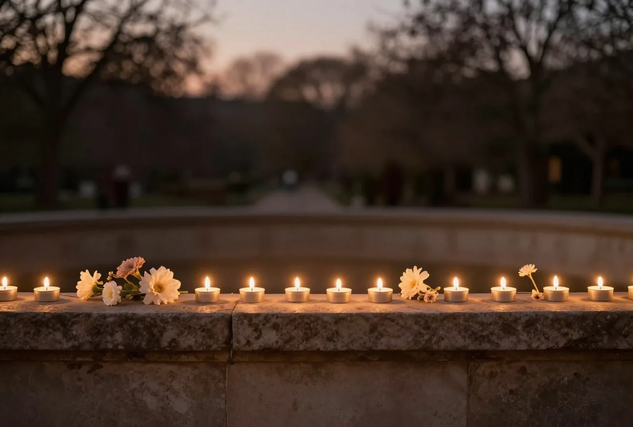 Eine Reihe brennender Kerzen und einzelne Blumen auf einem niedrigen Steinsims in der Abenddämmerung