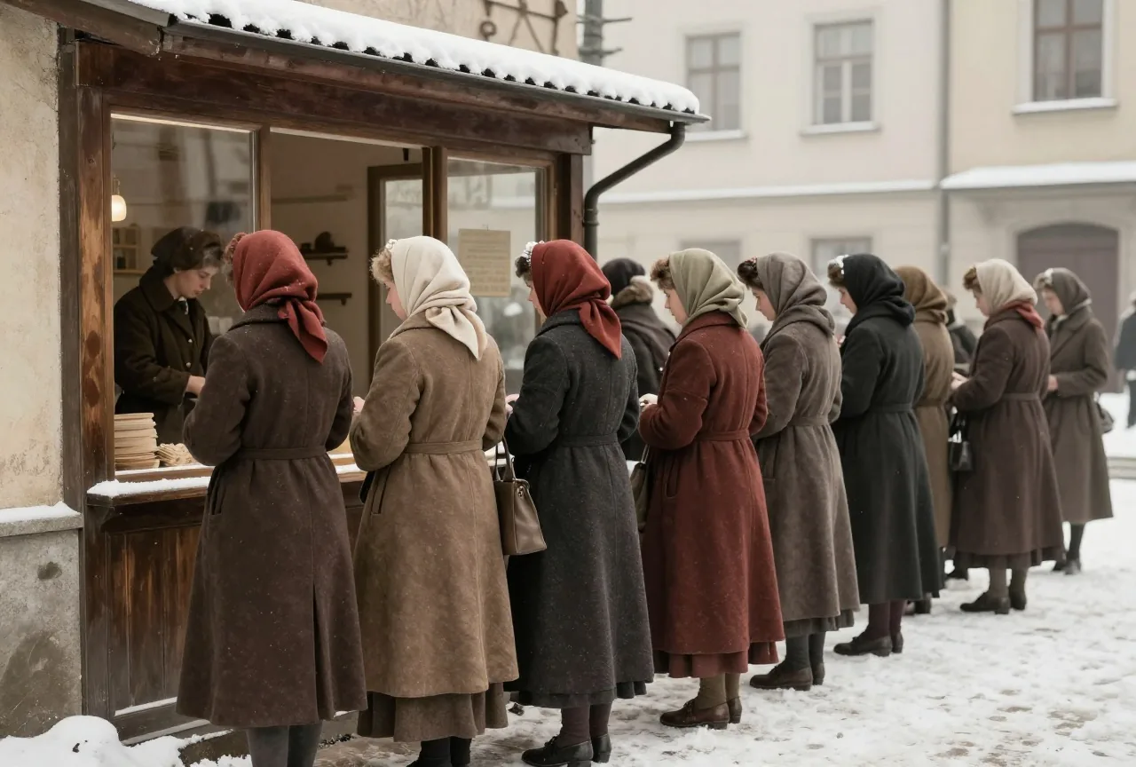 Frauen in Wintermänteln und Kopftüchern stehen in einer langen Schlange vor einer Bäckerei im Schnee