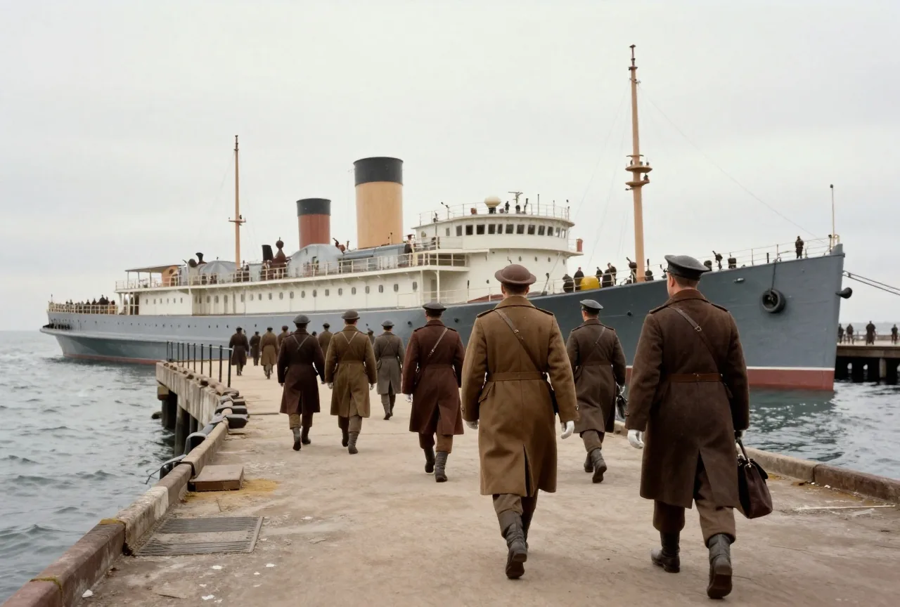 Soldaten in Mänteln gehen von hinten gesehen über eine Gangway auf ein großes Truppenschiff im grauen Hafen