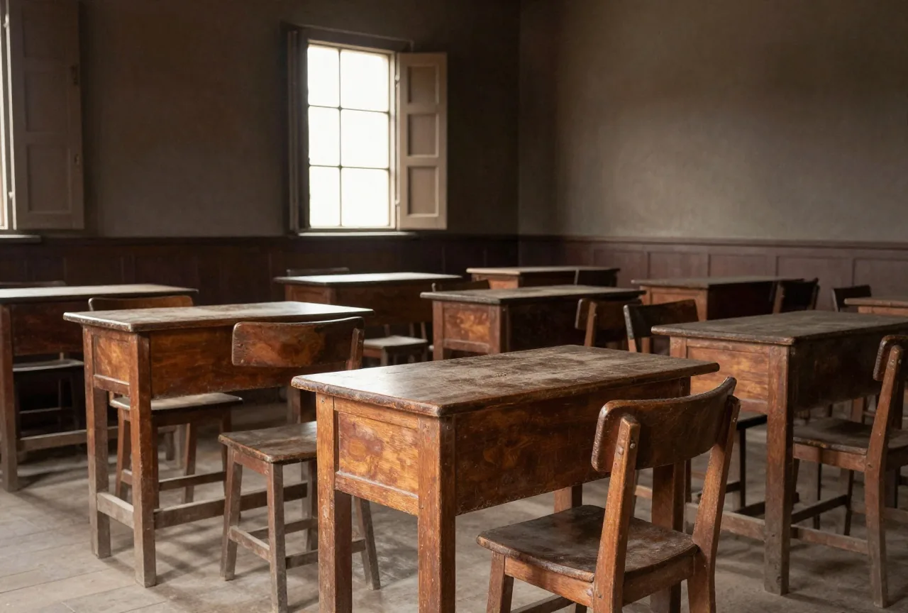 Ein leeres Klassenzimmer mit Holzpulten, hochgestellten Stühlen und geschlossenen Fensterläden im schmalen Lichtstrahl