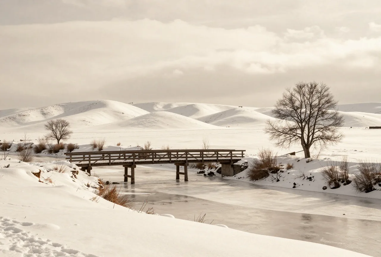 Verschneite Hügel mit einem gefrorenen Fluss und einer leeren Holzbrücke unter tiefen Winterwolken