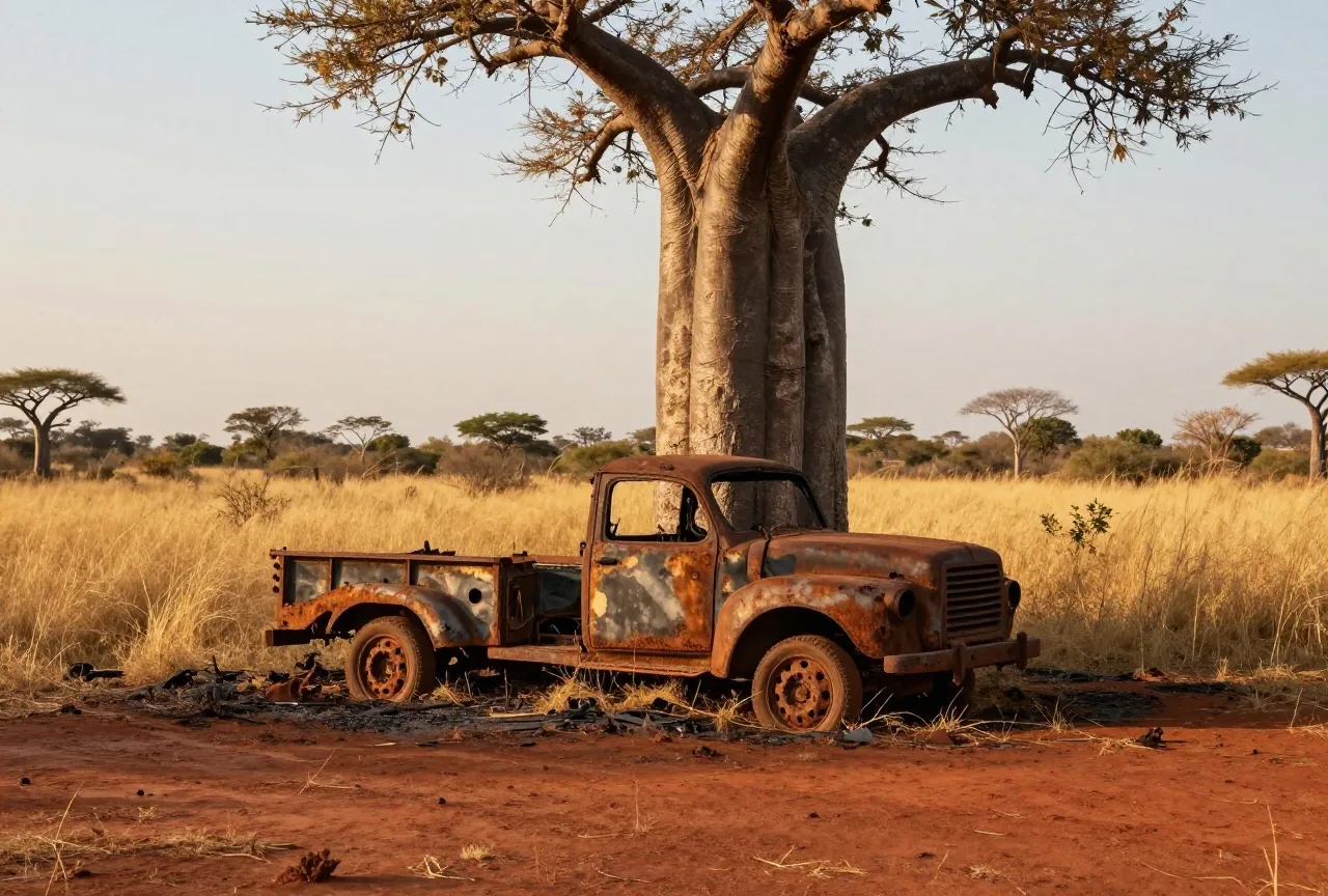 Ein ausgebranntes, rostiges Lastwagenwrack unter einem Baobab in der rötlichen Savanne im Nachmittagslicht