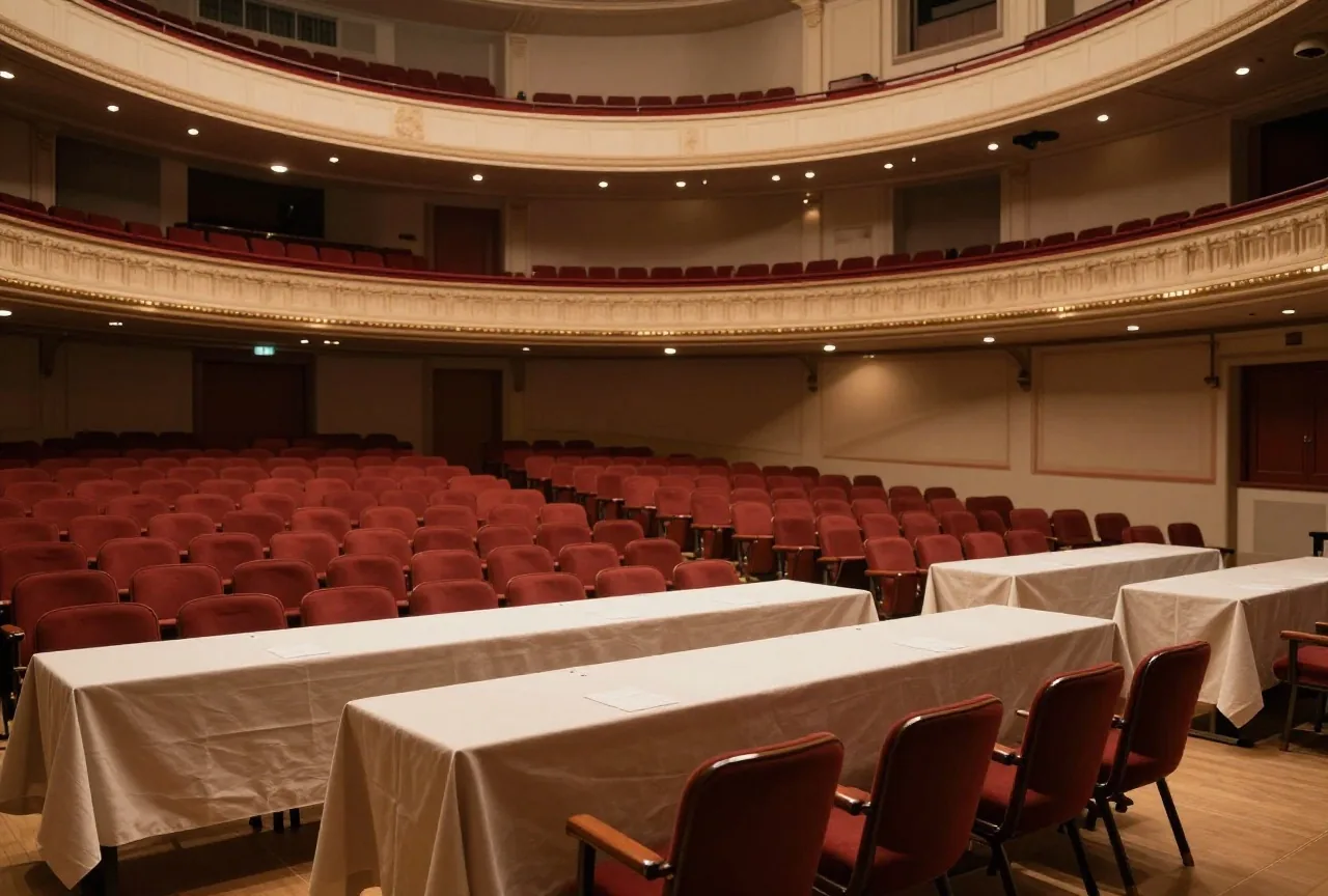 Ein Opernsaal aus den 1940er-Jahren mit langen Tischen auf der Bühne und leeren roten Sitzreihen