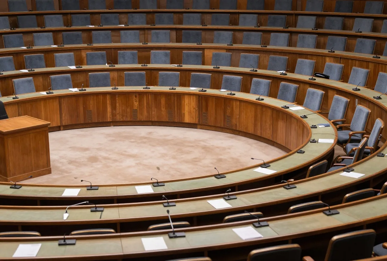Ein großer Konferenzsaal mit hufeisenförmigem Tisch, hohen Stuhllehnen und Tischmikrofonen in Blau und Gold