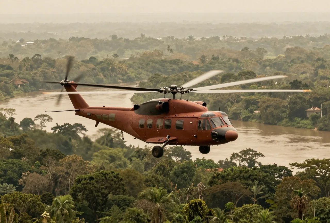 Transporthubschrauber fliegen tief über einen dichten grünen Dschungel mit einem Fluss im Dunst