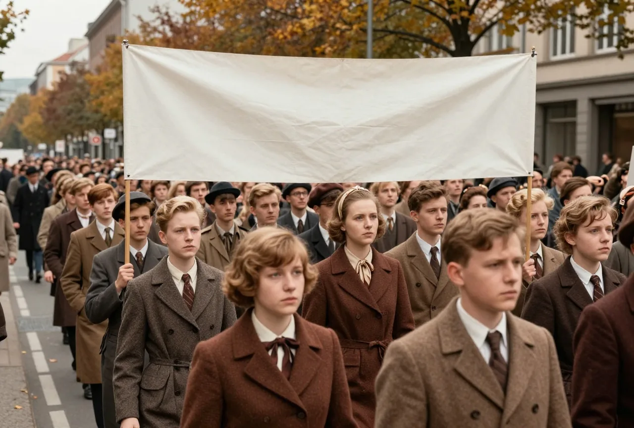 Junge Menschen in Kleidung der späten Sechzigerjahre ziehen bei einem friedlichen Protestmarsch über eine breite Straße