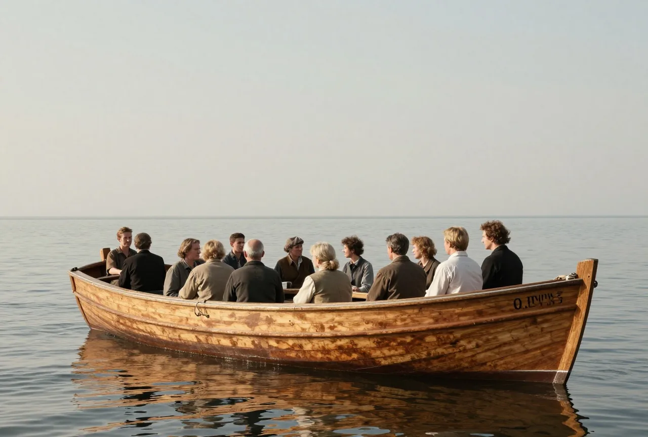 Ein kleines überfülltes Holzboot mit erwachsenen Passagieren auf ruhiger offener See unter blassem Himmel