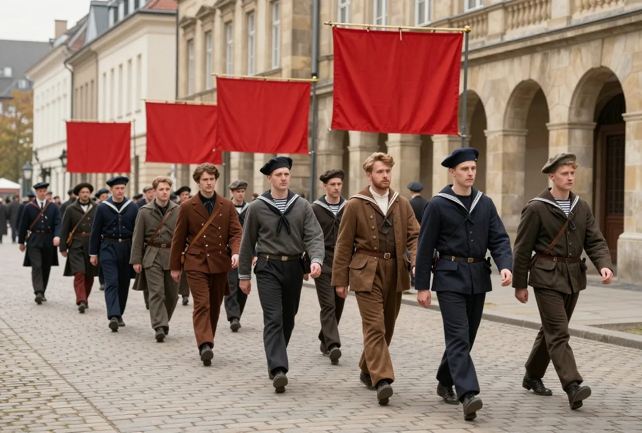Matrosen und Arbeiter in Kleidung von 1918 ziehen an einem grauen Novembertag über einen breiten Boulevard