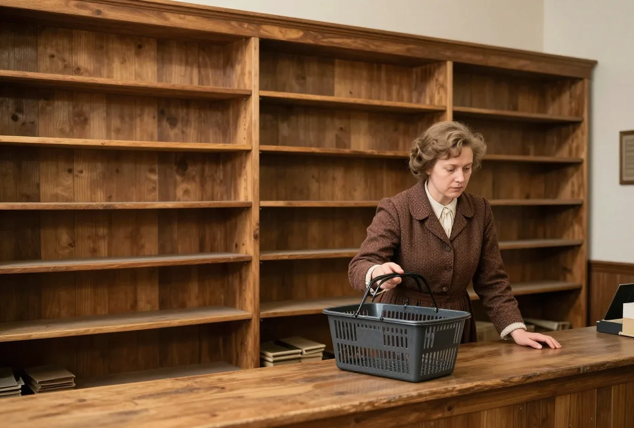 Eine Frau in Kleidung der Zwanzigerjahre steht mit leerem Einkaufskorb vor leeren Regalen eines kleinen Ladens