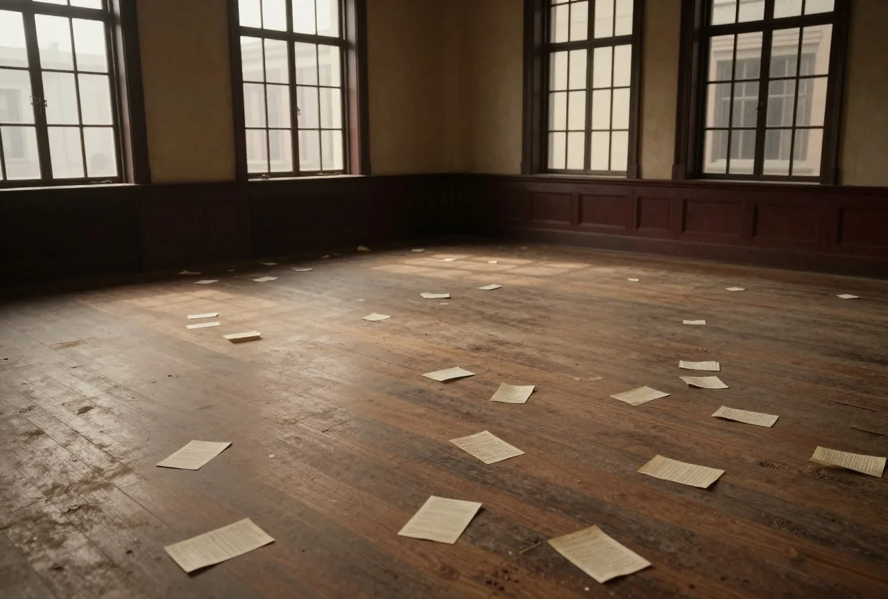 Ein verlassener Handelssaal der späten Zwanzigerjahre mit verstreuten Papierzetteln auf dem Holzboden