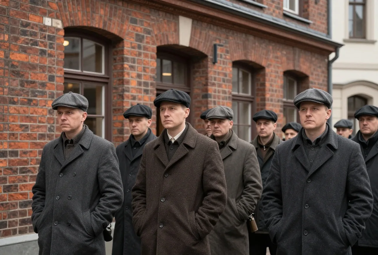 Eine lange Reihe von Männern in abgetragenen Mänteln wartet an einem grauen Wintertag vor einem Backsteingebäude