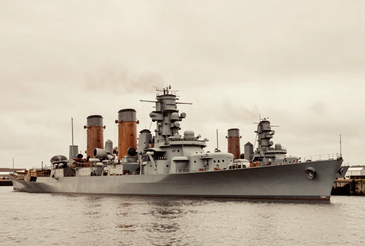Graue Schlachtschiffe vom Anfang des 20. Jahrhunderts liegen in einem ruhigen Hafen unter Wolken vor Anker