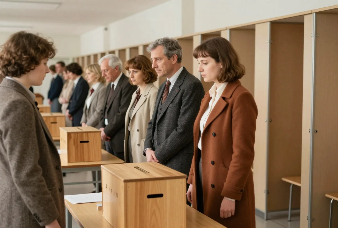 Menschen in Kleidung der frühen Neunzigerjahre stehen in einem Schulflur vor einer Wahlurne und einer Wahlkabine an