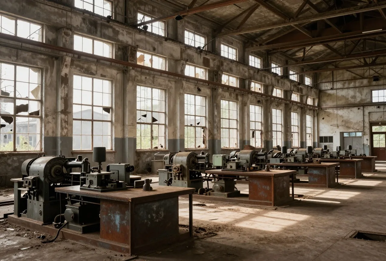 Eine verlassene große Fabrikhalle mit zerbrochenen Fenstern und stillstehenden Maschinen im Lichteinfall
