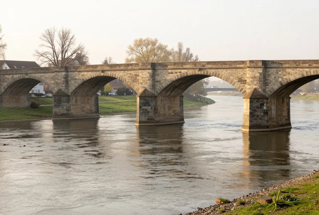 Die breite Elbe bei Torgau an einem ruhigen Frühlingsmorgen mit alten Brückenpfeilern und grünen Wiesen
