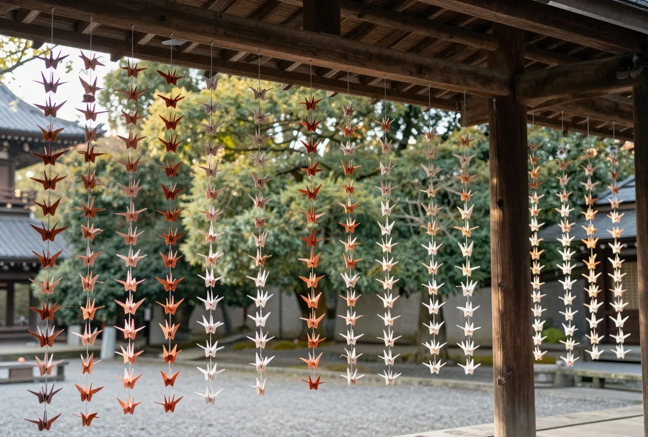 Bunte Ketten aus gefalteten Papierkranichen hängen unter einem Holzdach an einer Gedenkstätte in einem japanischen Park