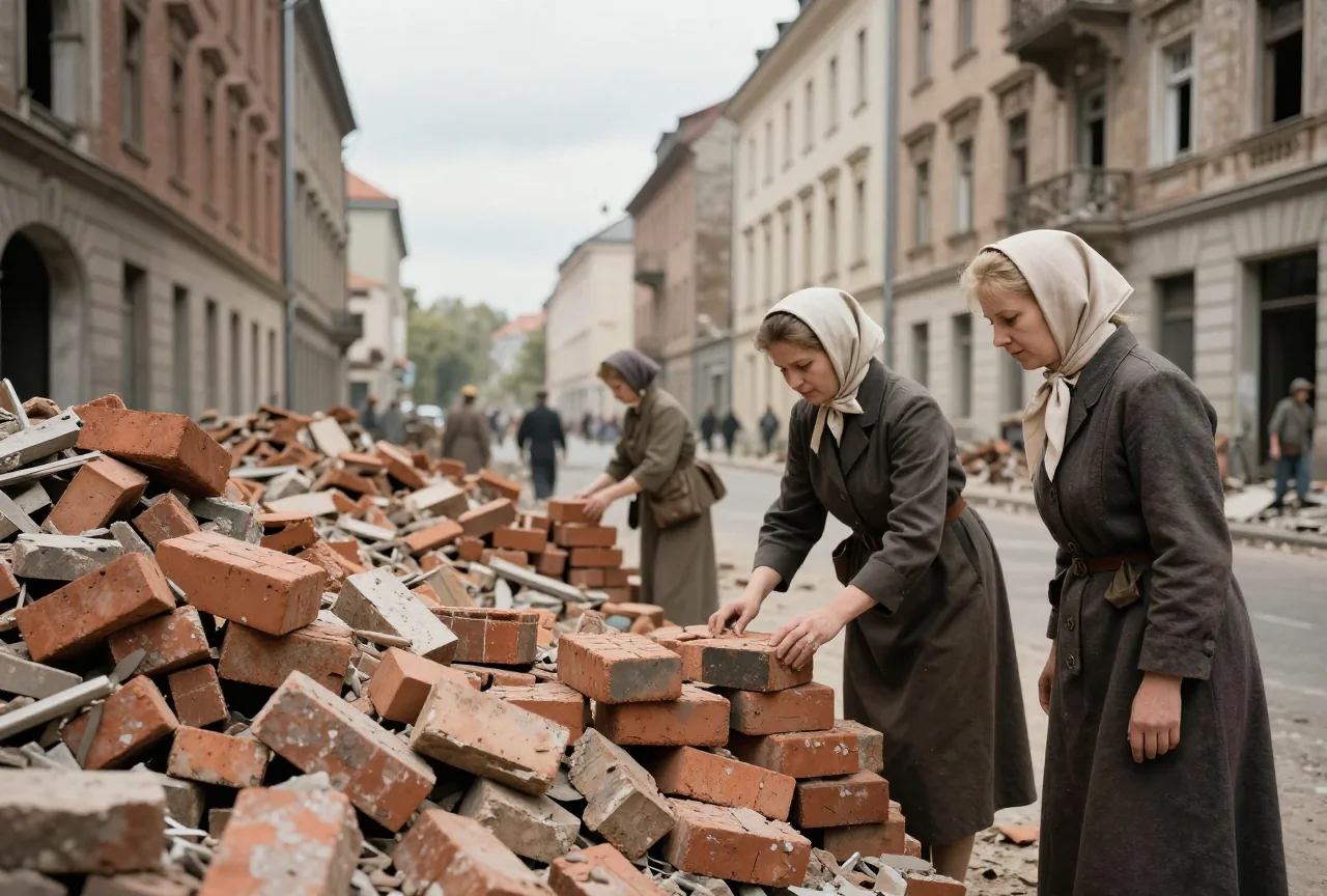 Eine zerstörte Straße im Jahr 1945, zwei Frauen mit Kopftüchern stapeln Ziegel aus den Trümmern