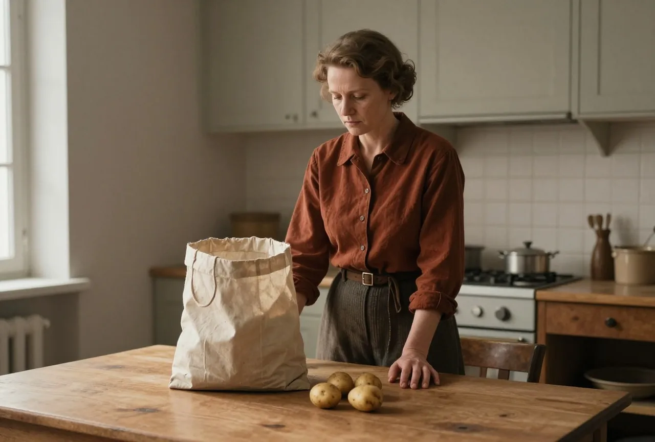 Eine Frau steht in einer schlichten Küche der 1920er Jahre an einem leeren Holztisch mit einer Stofftasche