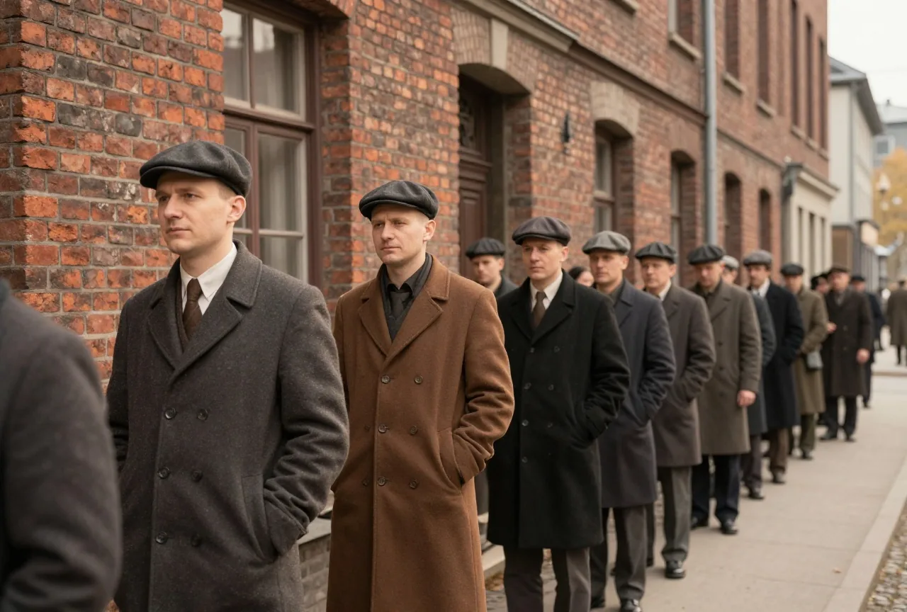 Eine lange Schlange von Männern in Mänteln und Schiebermützen vor einem Backsteingebäude an einem kalten Morgen