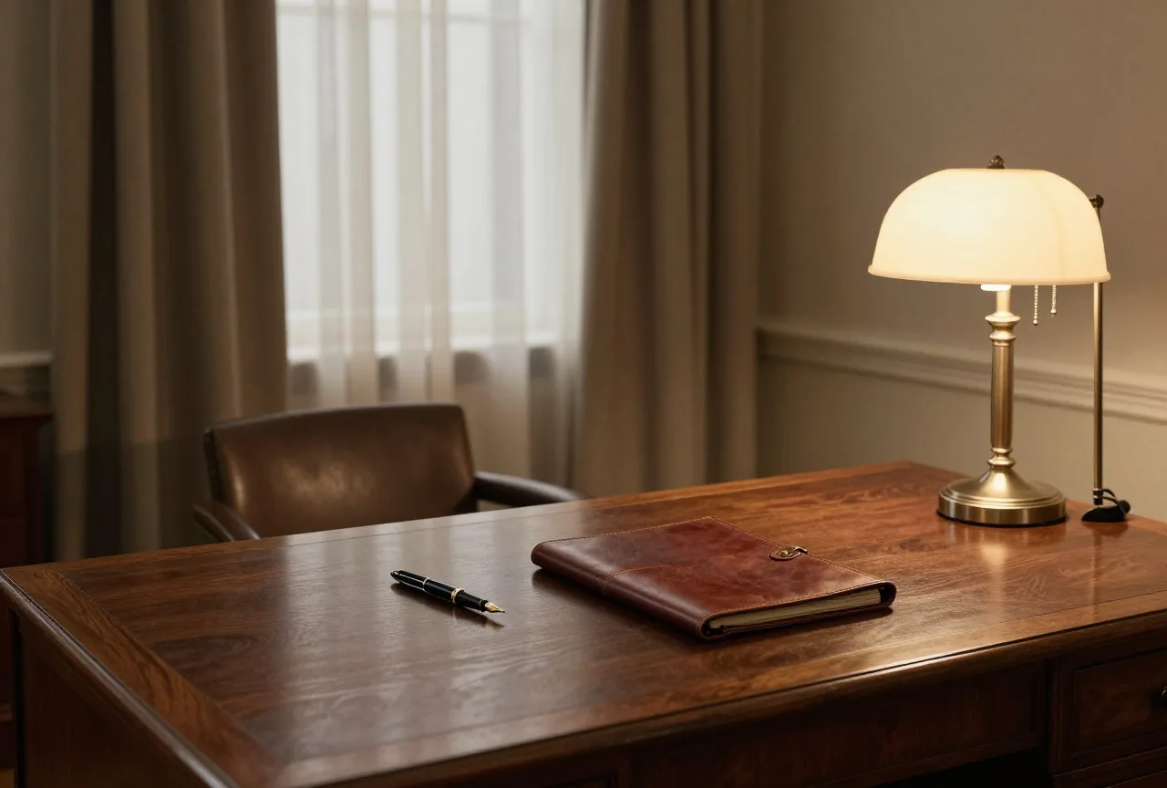 Ein leeres Büro der 1930er Jahre mit dunklem Schreibtisch, Füllfederhalter und geschlossener Ledermappe im Lampenlicht