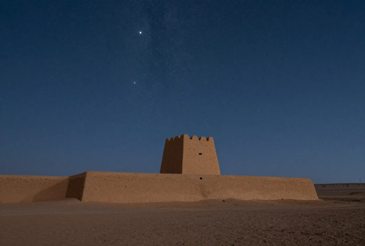 Ein klarer Sternenhimmel über einer flachen Wüstenebene mit der dunklen Silhouette eines niedrigen Lehmziegelturms