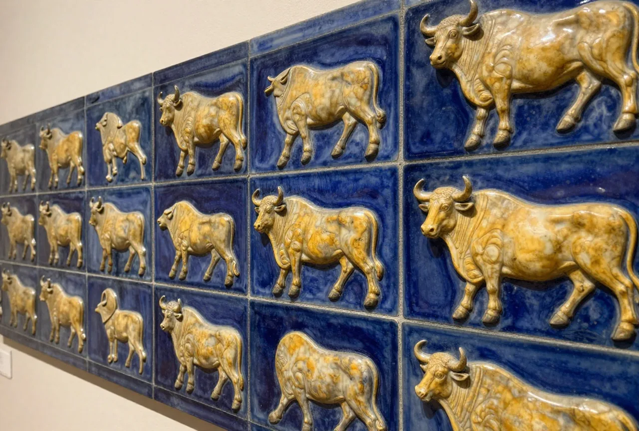 Eine Wand aus tiefblau glasierten Ziegeln mit erhabenen gelben Stierreliefs im weichen Museumslicht
