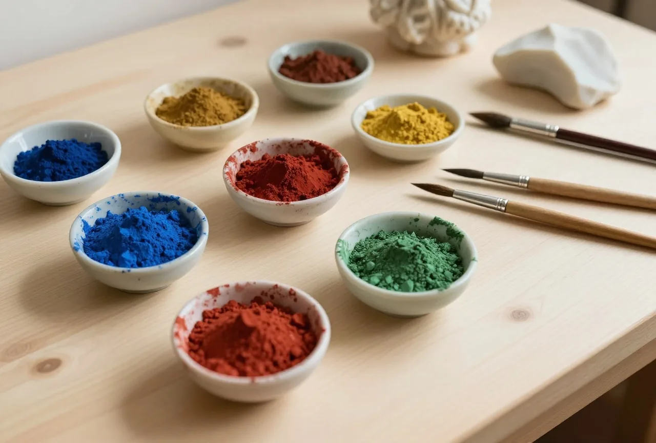 Eine Restauratorenwerkbank mit Schälchen voller Farbpigmente in Blau, Rot, Ocker und Grün, Pinseln und einem Marmorfragment