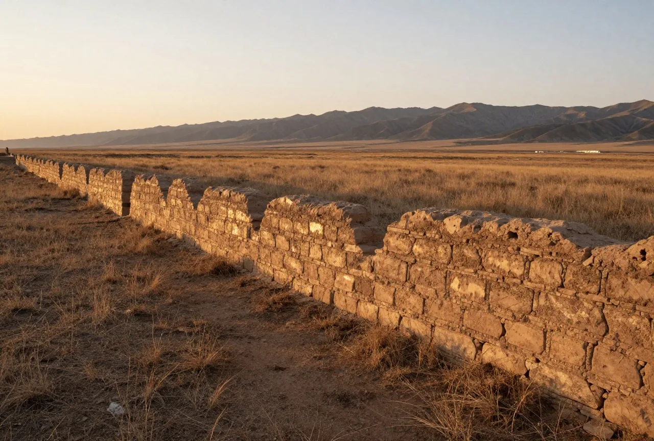 Reste einer alten Mauer aus Stampflehm ziehen sich bei Sonnenuntergang durch eine trockene Graslandschaft