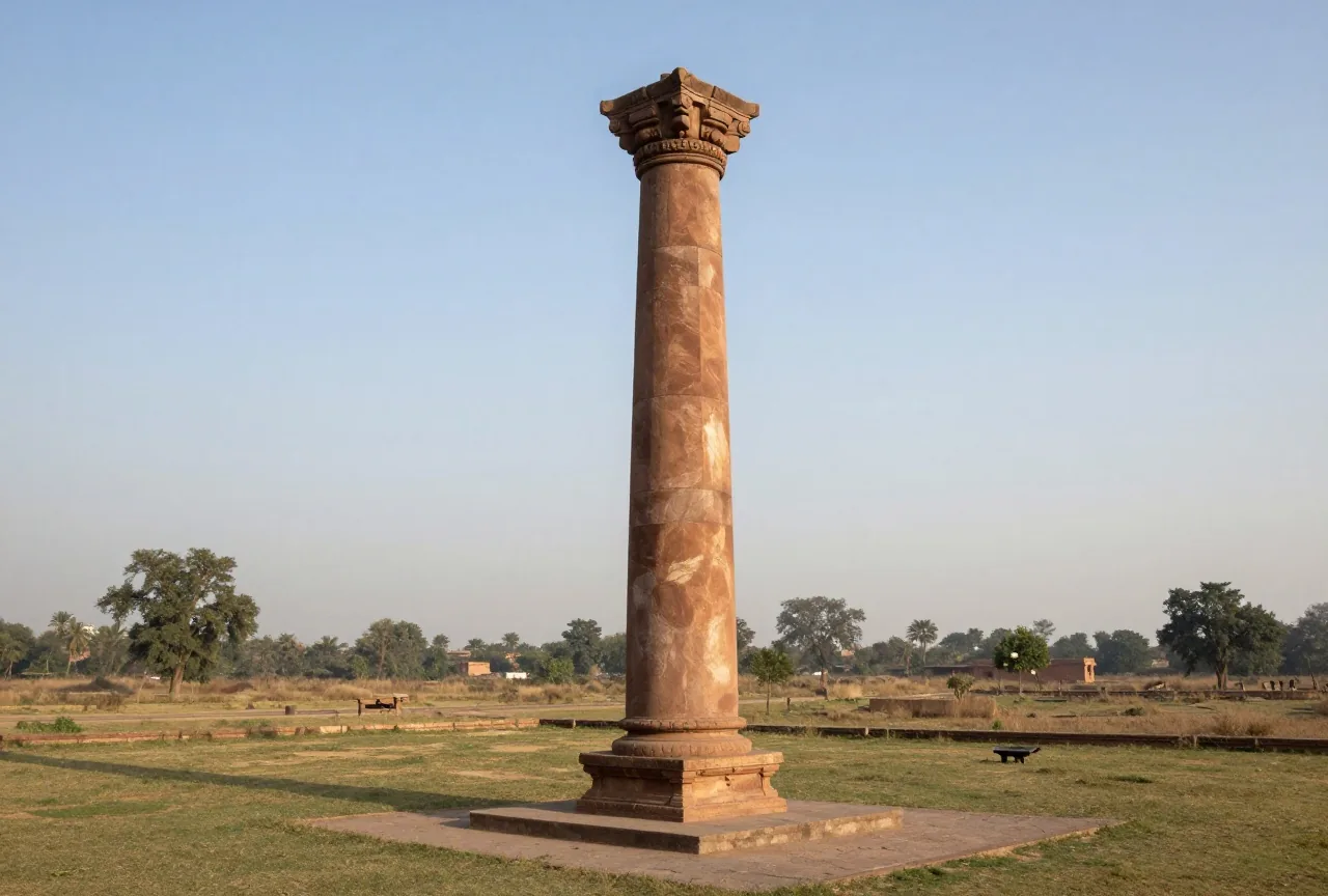 Eine hohe polierte Säule aus Sandstein auf einer Wiese in Nordindien in der tief stehenden Morgensonne