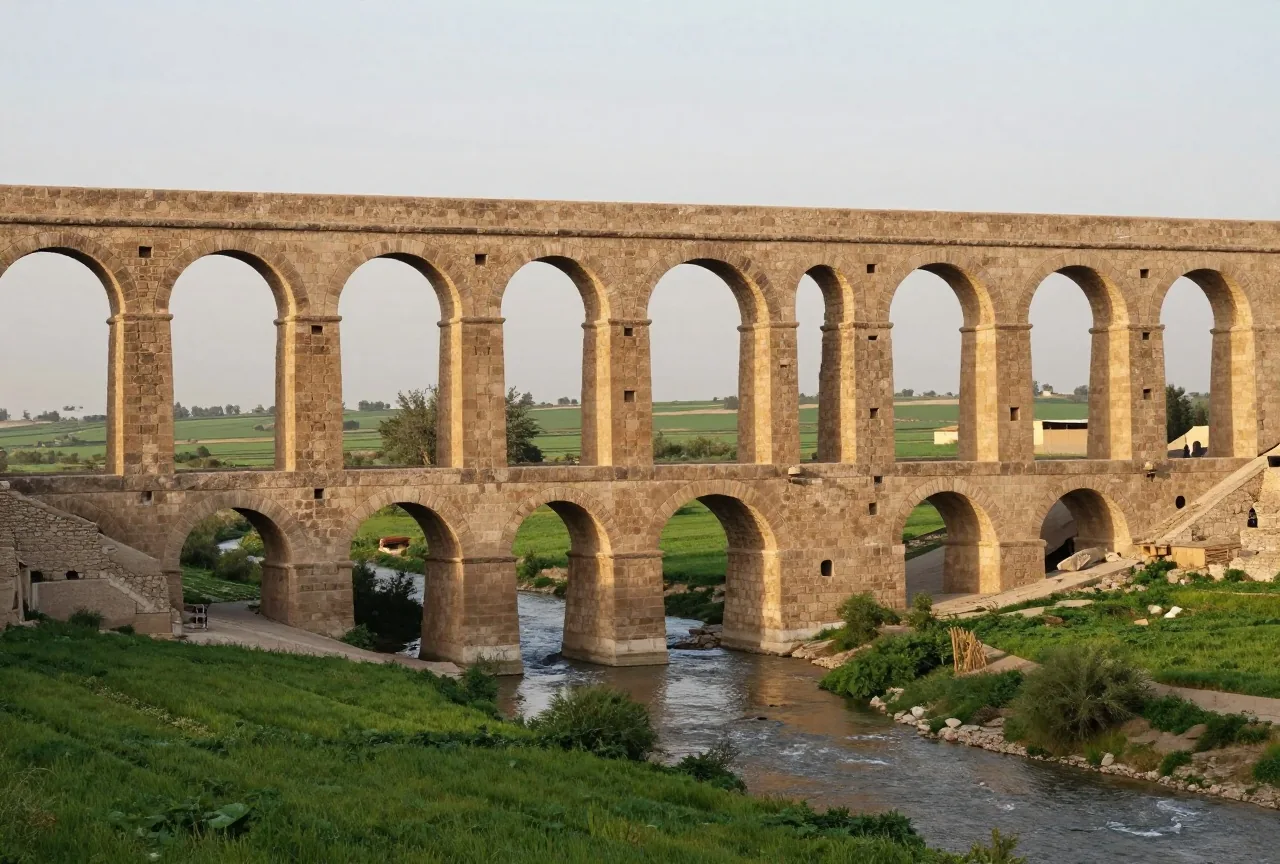 Ein antiker steinerner Aquädukt überquert ein flaches Flusstal im Norden des Irak zwischen grünen Feldern