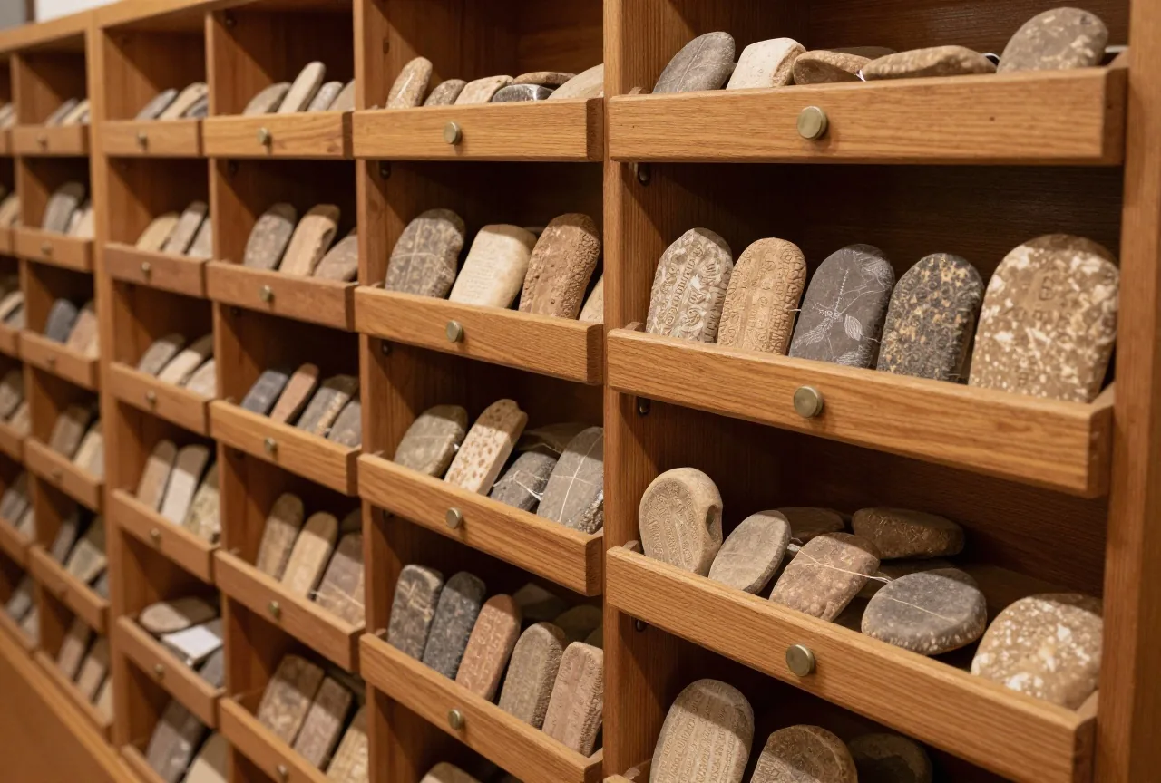 Hölzerne Museumsschubladen mit Reihen kleiner Tontafeln und Bruchstücke in gleichmäßigem kühlem Licht