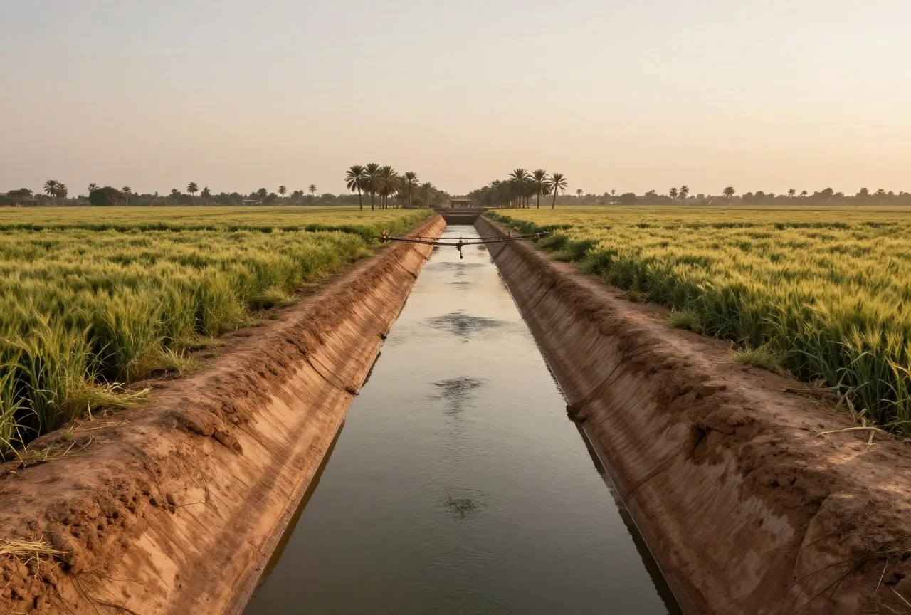 Ein Bewässerungskanal mit Erddamm zwischen grünen Gerstenfeldern in einer flachen Flussebene, Palmen am Horizont