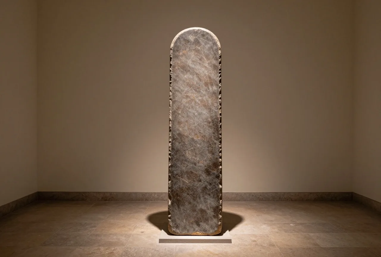 Eine hohe dunkle Steinstele mit abgerundeter Spitze steht beleuchtet in einer ruhigen Museumshalle