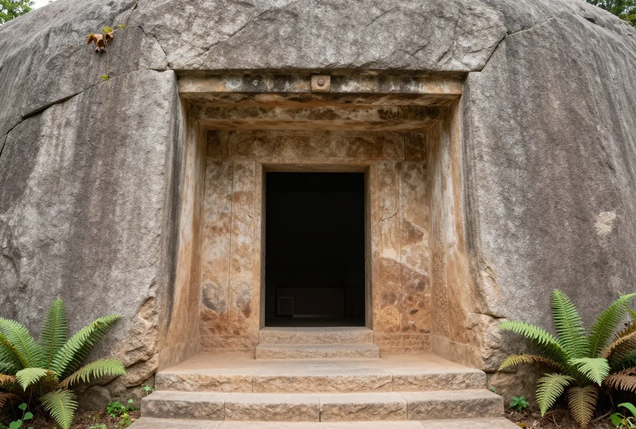 Der Eingang zu einer in Tuffstein gehauenen Grabkammer in einem großen runden Grabhügel