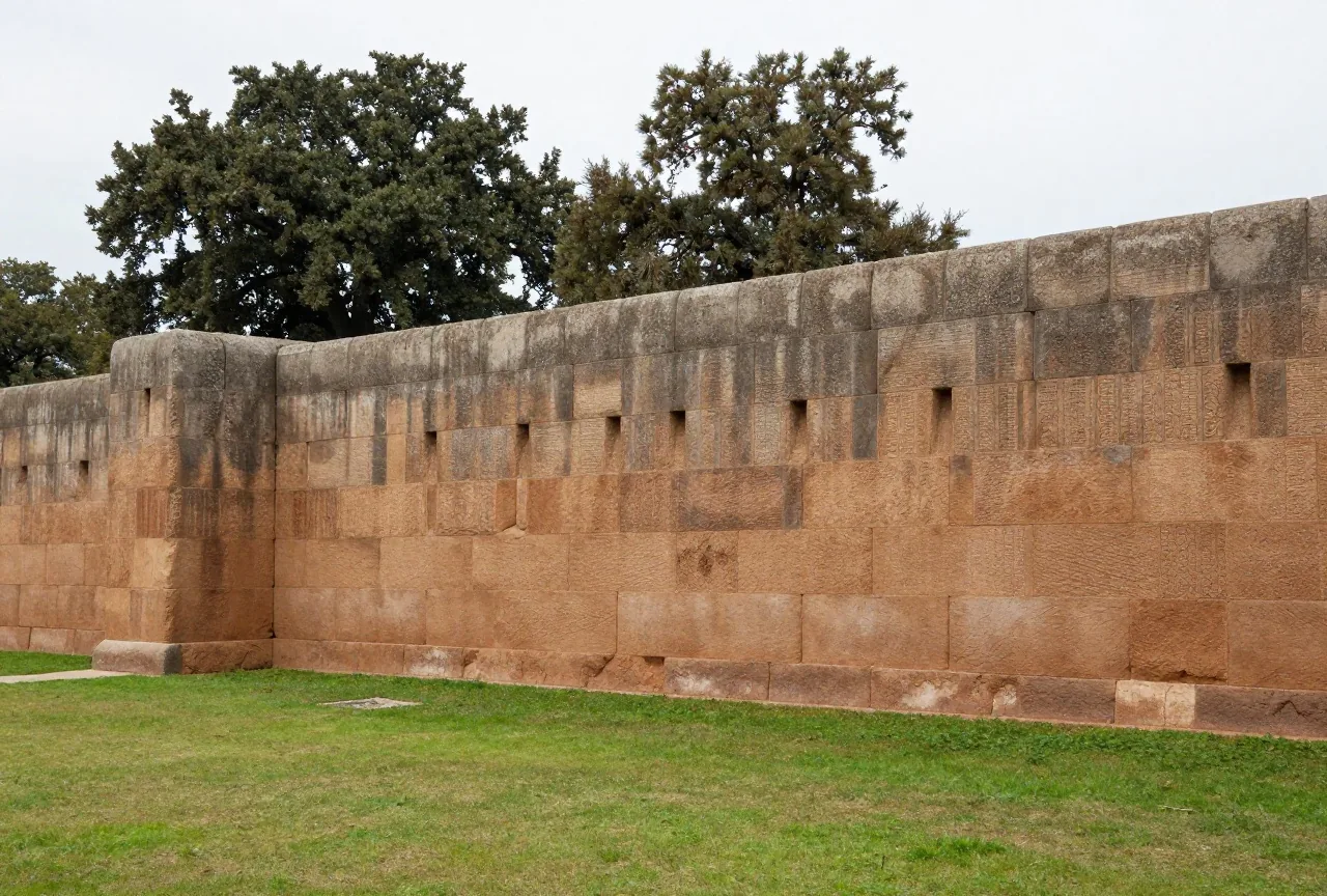 Reste einer antiken Stadtmauer aus großen Tuffblöcken auf einer grünen Wiese mit Eichen