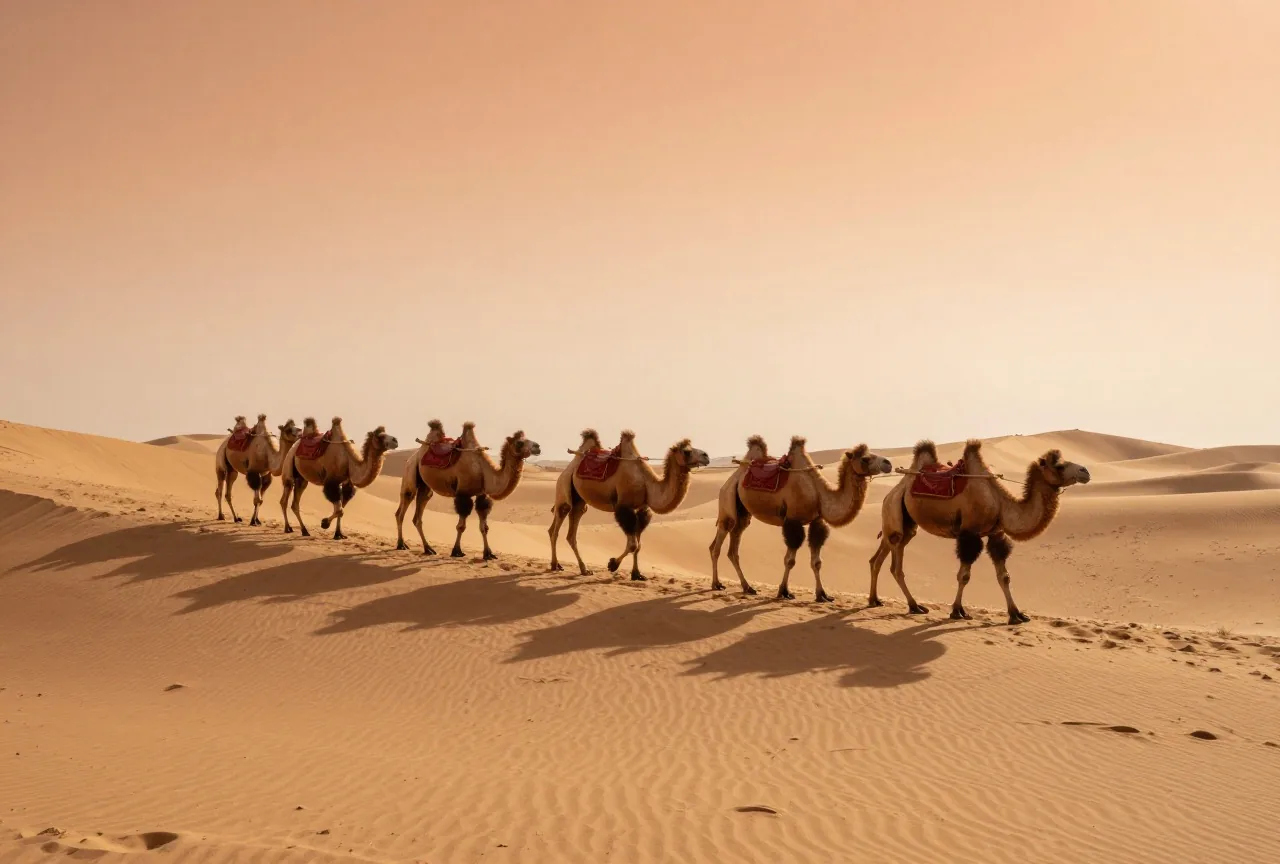 Eine kleine Karawane beladener Kamele zieht im Abendlicht über Sanddünen