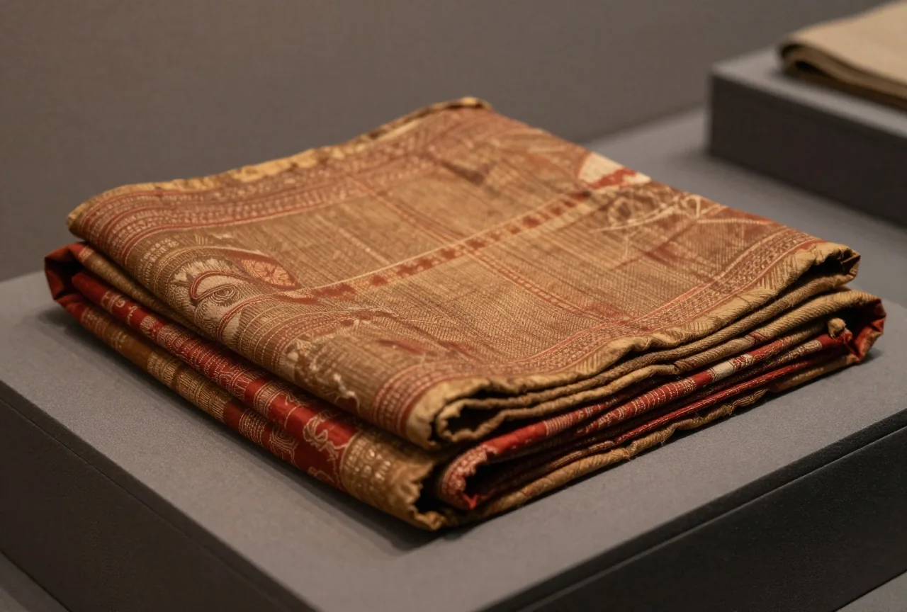 Gefaltete alte Seidenstoffe mit verblassten Mustern liegen auf einem dunklen Ausstellungstisch