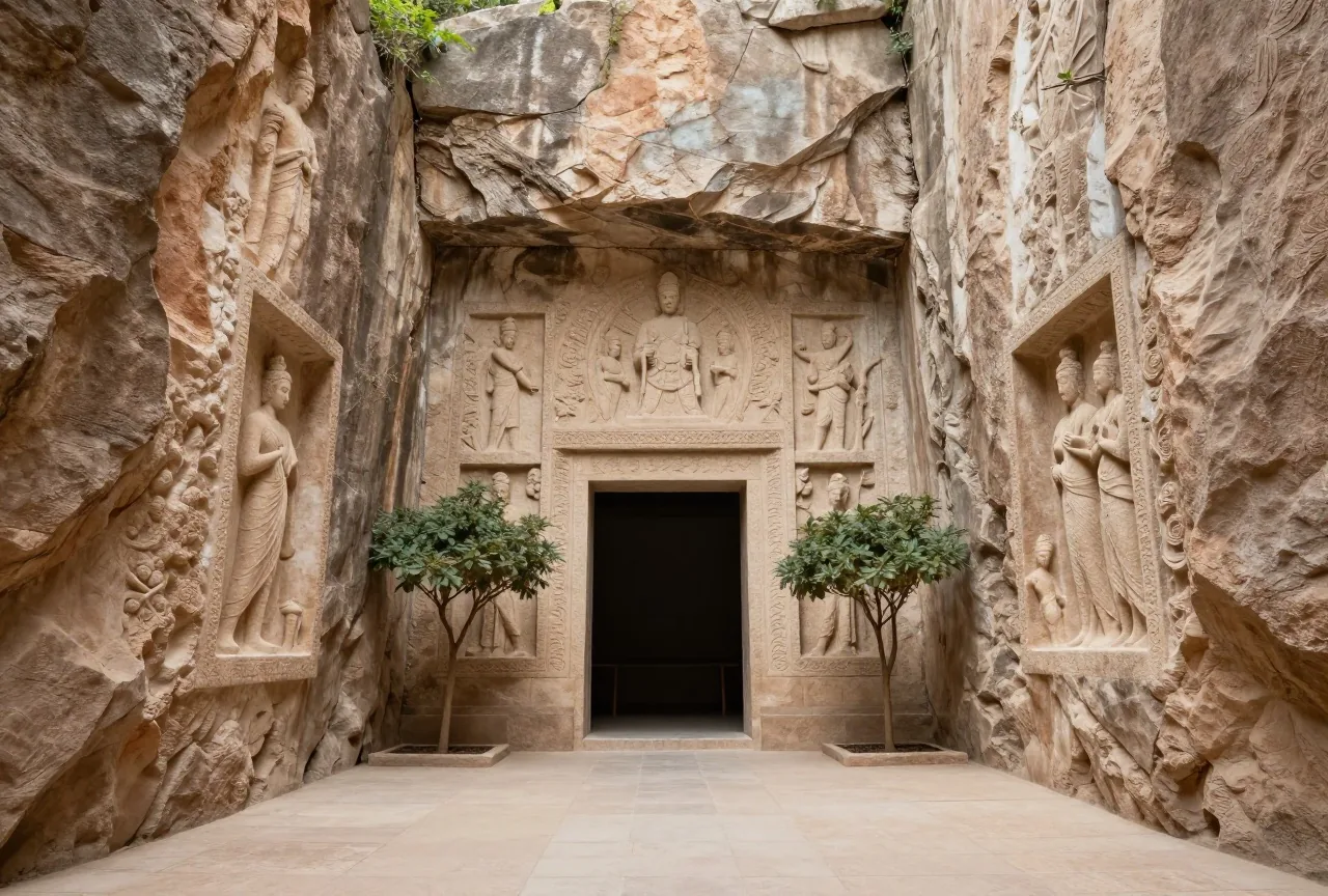 Ein Felsheiligtum unter freiem Himmel mit verwitterten Reliefs an einer Kalksteinwand