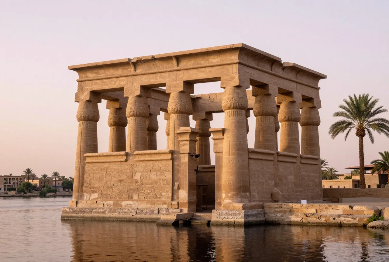 Ein Inseltempel mit Sandsteinsäulen am Nil bei Sonnenaufgang, Palmen am Ufer und ruhiges Wasser