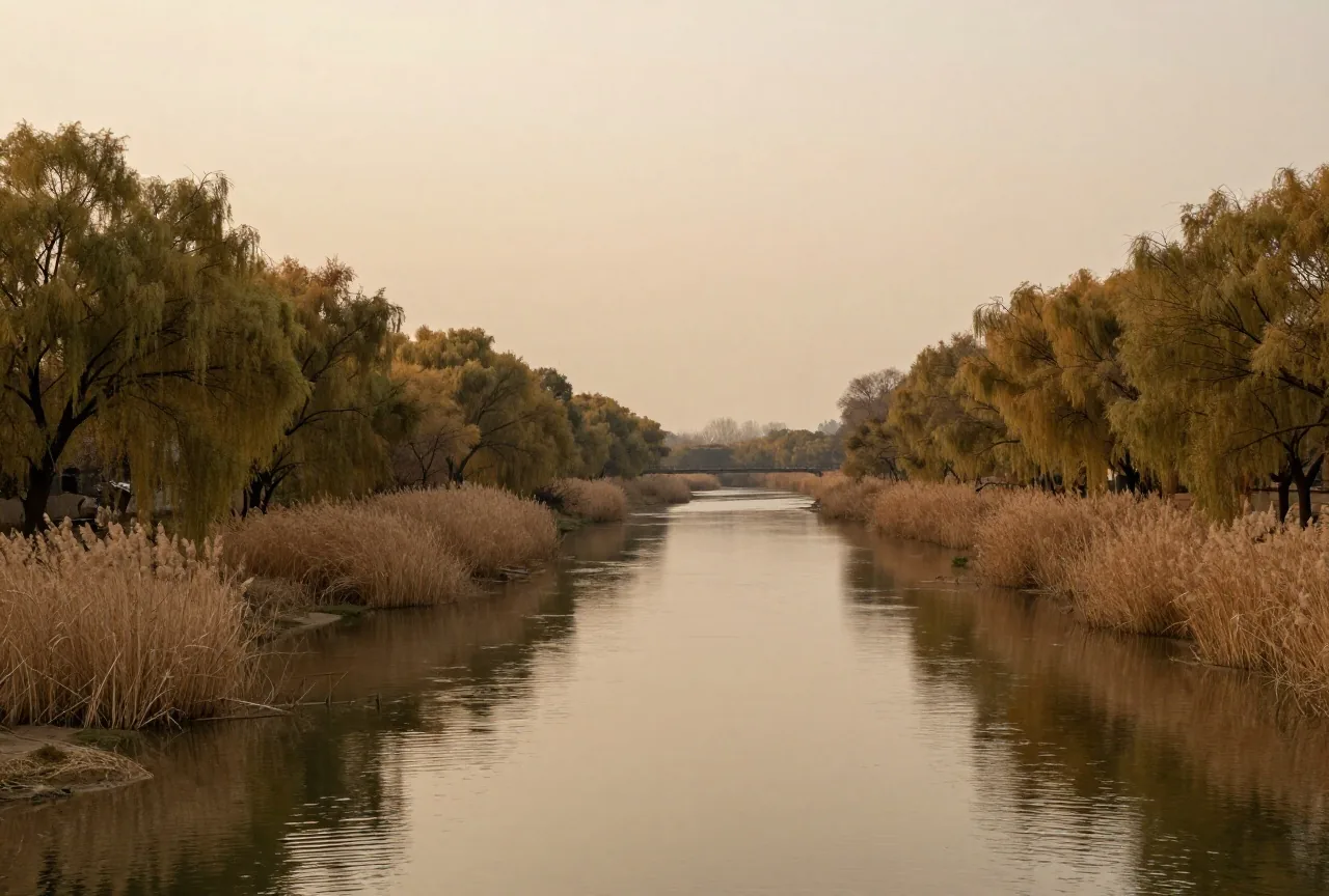 Ein breiter, langsamer Fluss mit Weiden und hohem Schilf am Ufer in der Abenddämmerung