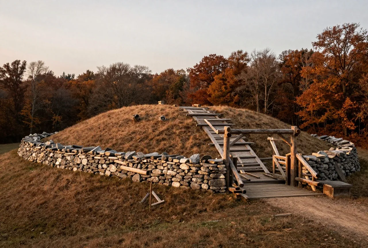 Ein rekonstruierter Wall aus Holz und Stein mit Holztor auf einem Hügel, ringsum Herbstwald in tiefer Abendsonne