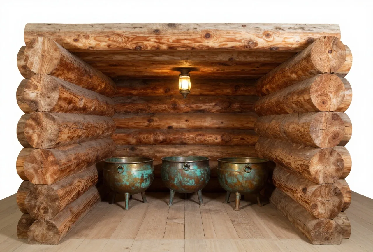 Eine dunkle Grabkammer aus mächtigen Wacholderbalken, am Boden stehen drei große Bronzekessel im warmen Lampenlicht