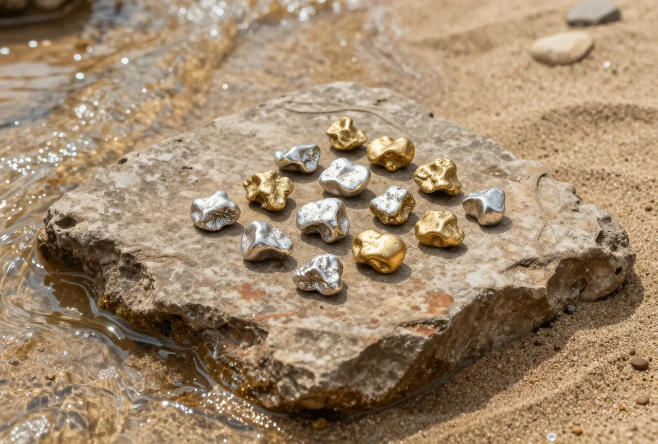 Kleine unregelmäßige Stücke aus hellem Gold und Silber auf einer Steinplatte neben einem Bach mit glitzerndem Sand
