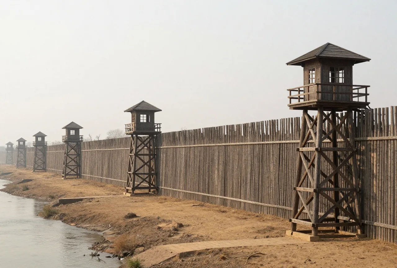 Eine lange Holzpalisade mit hohen Wachtürmen an einem Fluss im Dunst des frühen Morgens