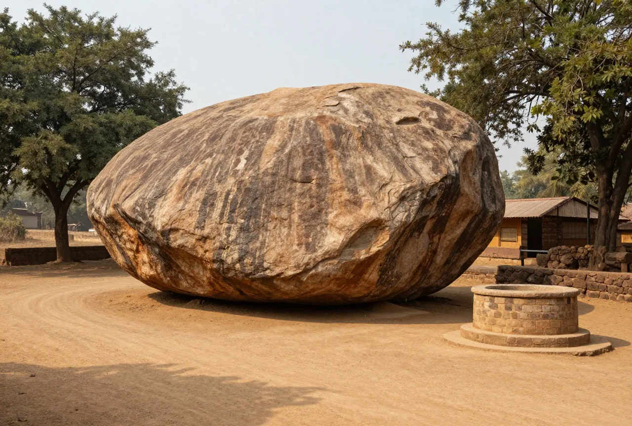 Ein großer glatter Granitfelsen an einer staubigen Landstraße, daneben Schattenbäume und ein steinerner Brunnen