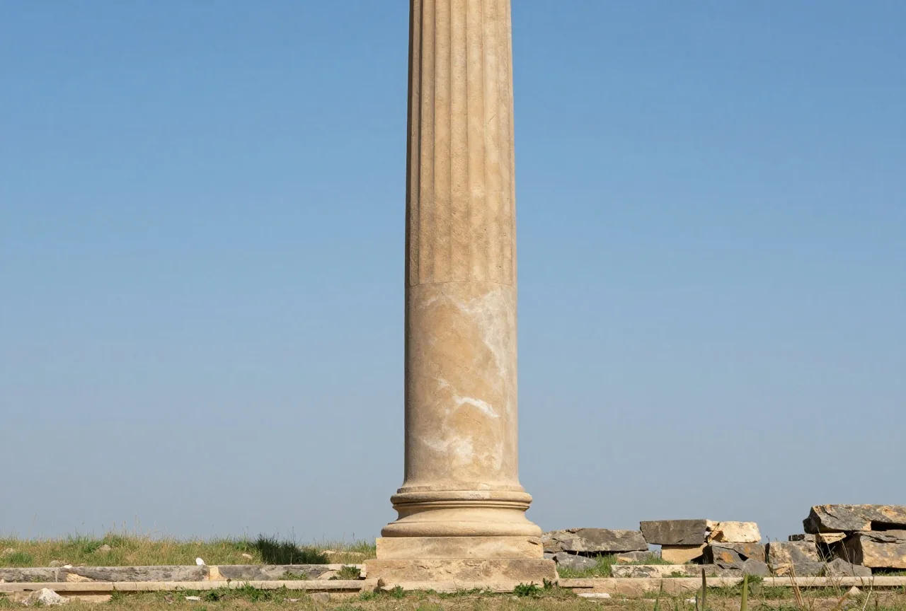 Eine hohe polierte Sandsteinsäule ohne Sockel steht allein in einer grünen Ausgrabungsstätte unter blauem Himmel