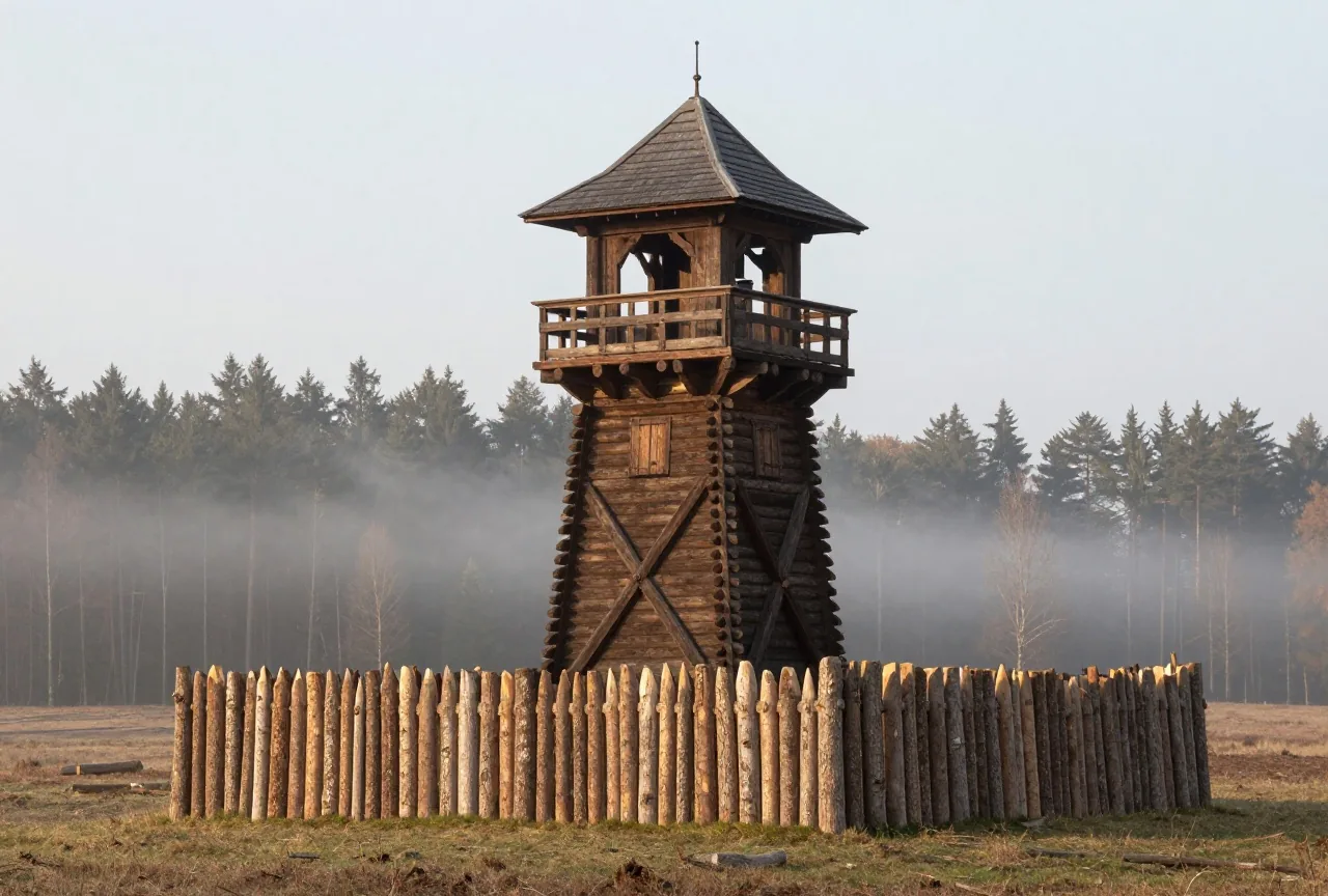 Ein nachgebauter hölzerner Wachturm hinter einer Palisade am Waldrand, Morgennebel liegt im Tal