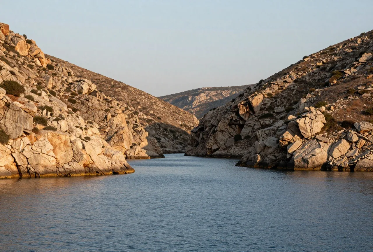 Eine schmale Meerenge zwischen einer felsigen Insel und der griechischen Küste mit ruhigem blauem Wasser