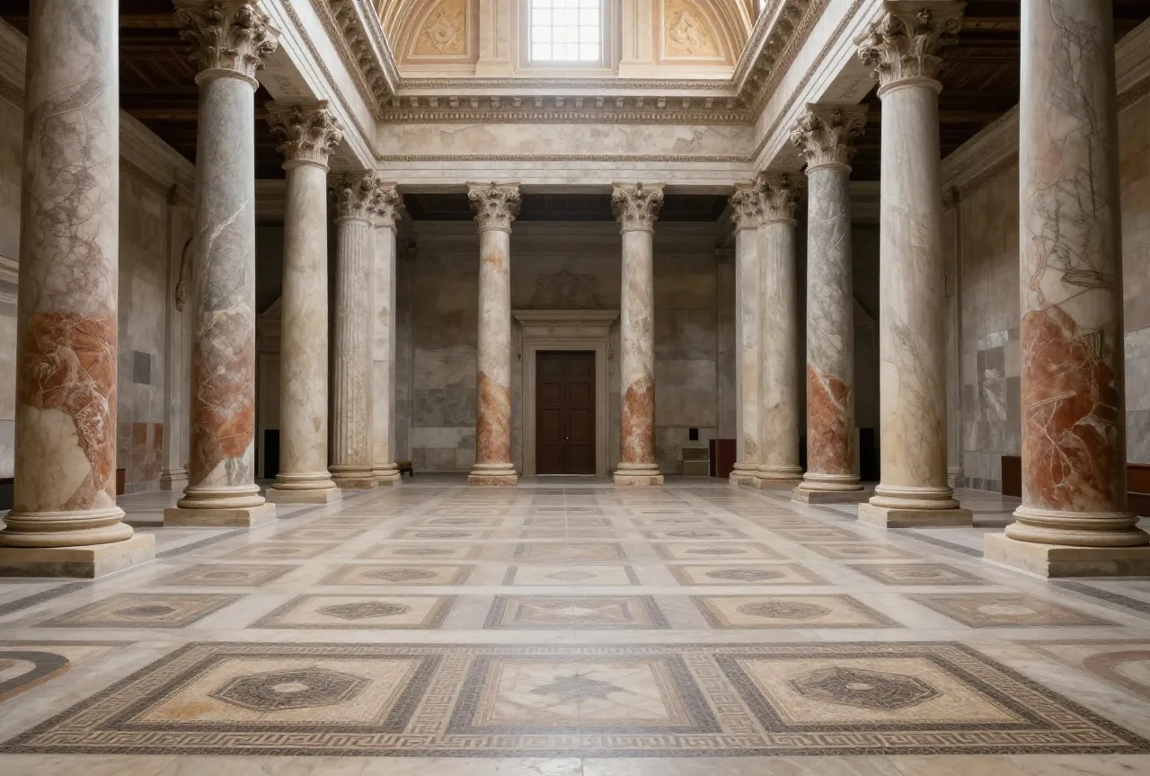 Der leere Innenraum einer frühen Basilika mit zwei Säulenreihen und geometrischem Mosaikboden im weichen Licht